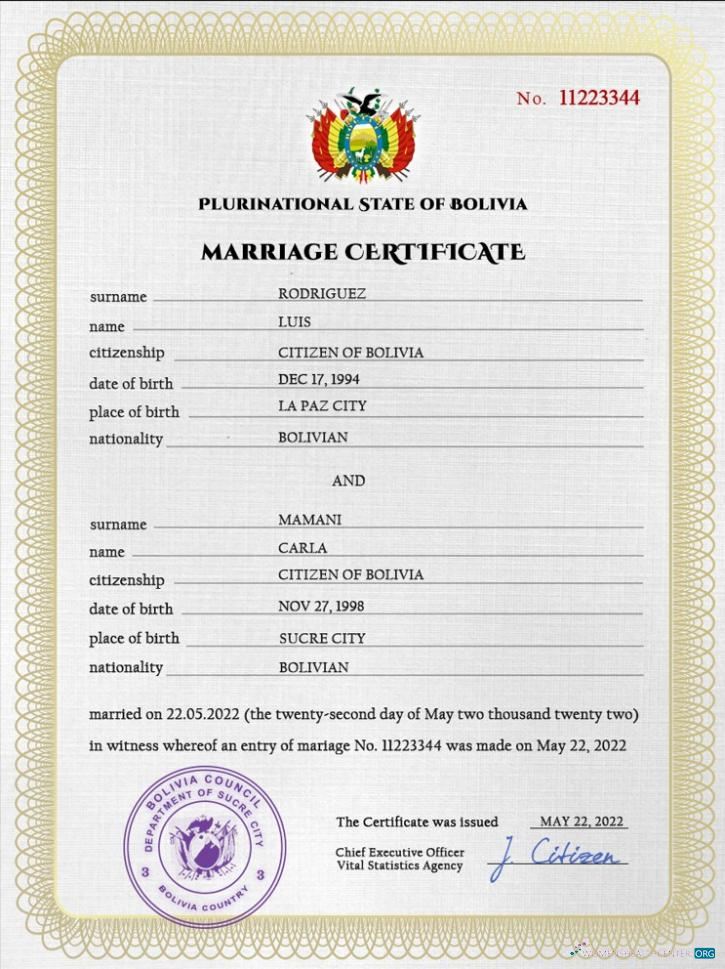 Download Bolivia marriage certificate Photoshop template